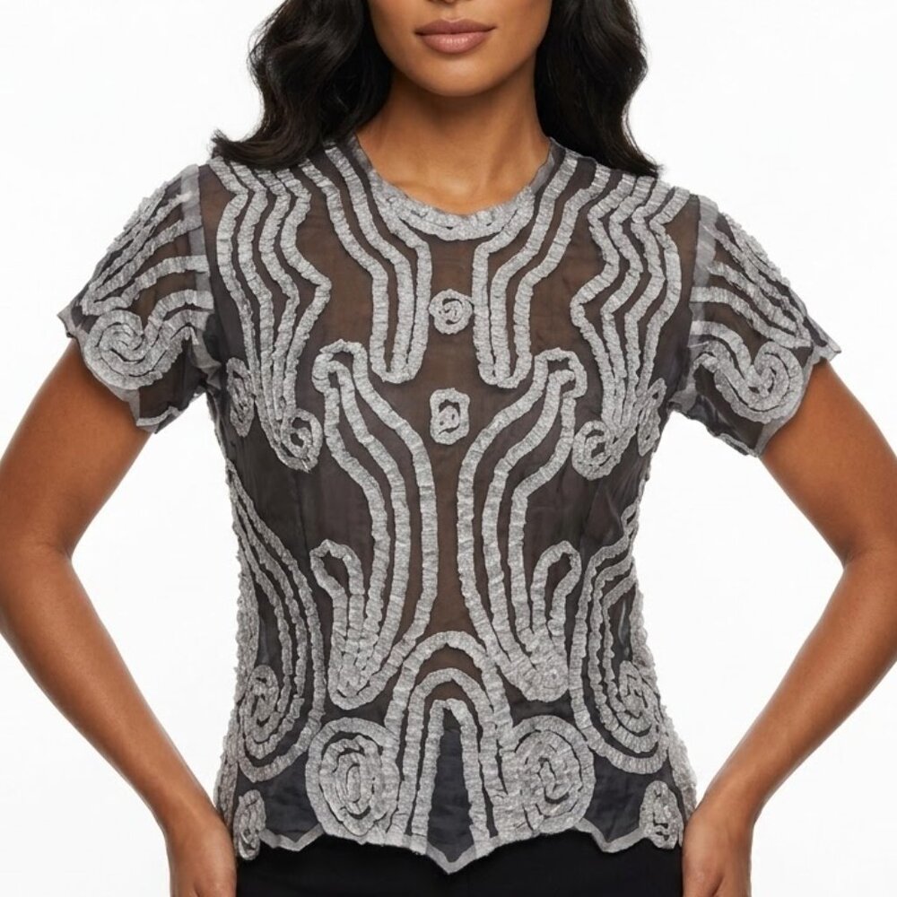 Hugging Kisses Y2K Shibori Popcorn Top Grey Black Abstract Print Medium